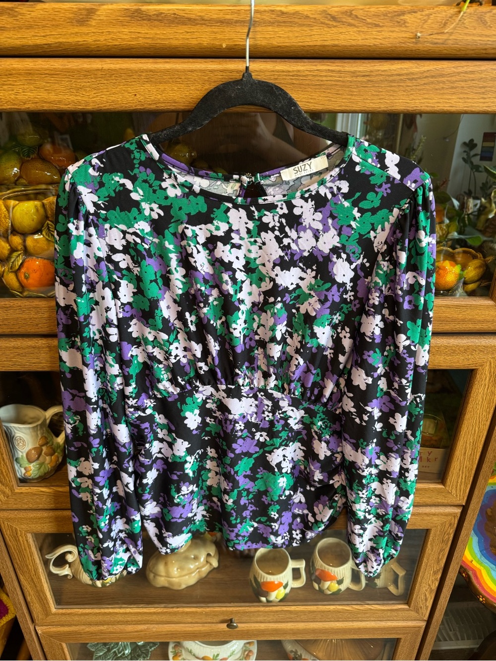 Floral Long-Sleeve Top in Black, Green & Purple